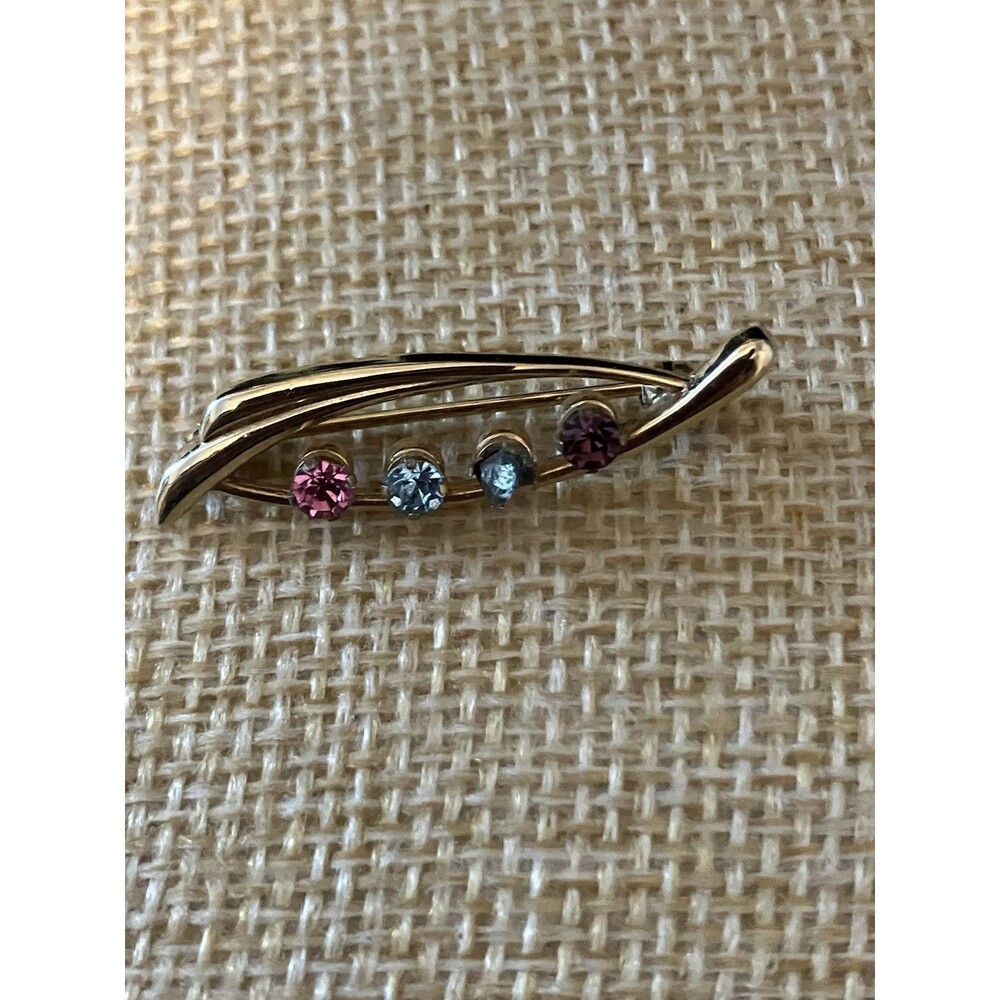 Vintage Anson Brooch pink blue Rhinestones Gold Tone Jewelry pin